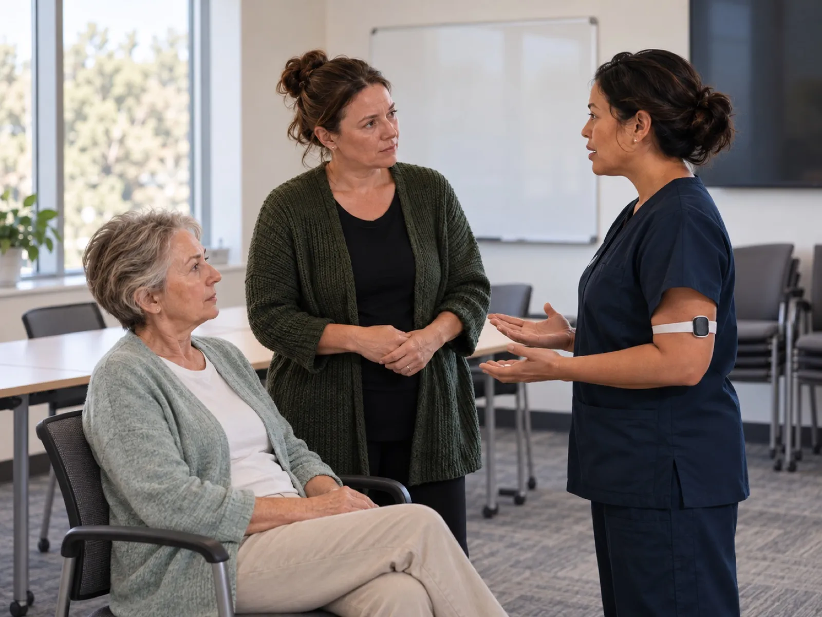 Two actors playing a patient and her daughter with a clinician wearing a biometric armband