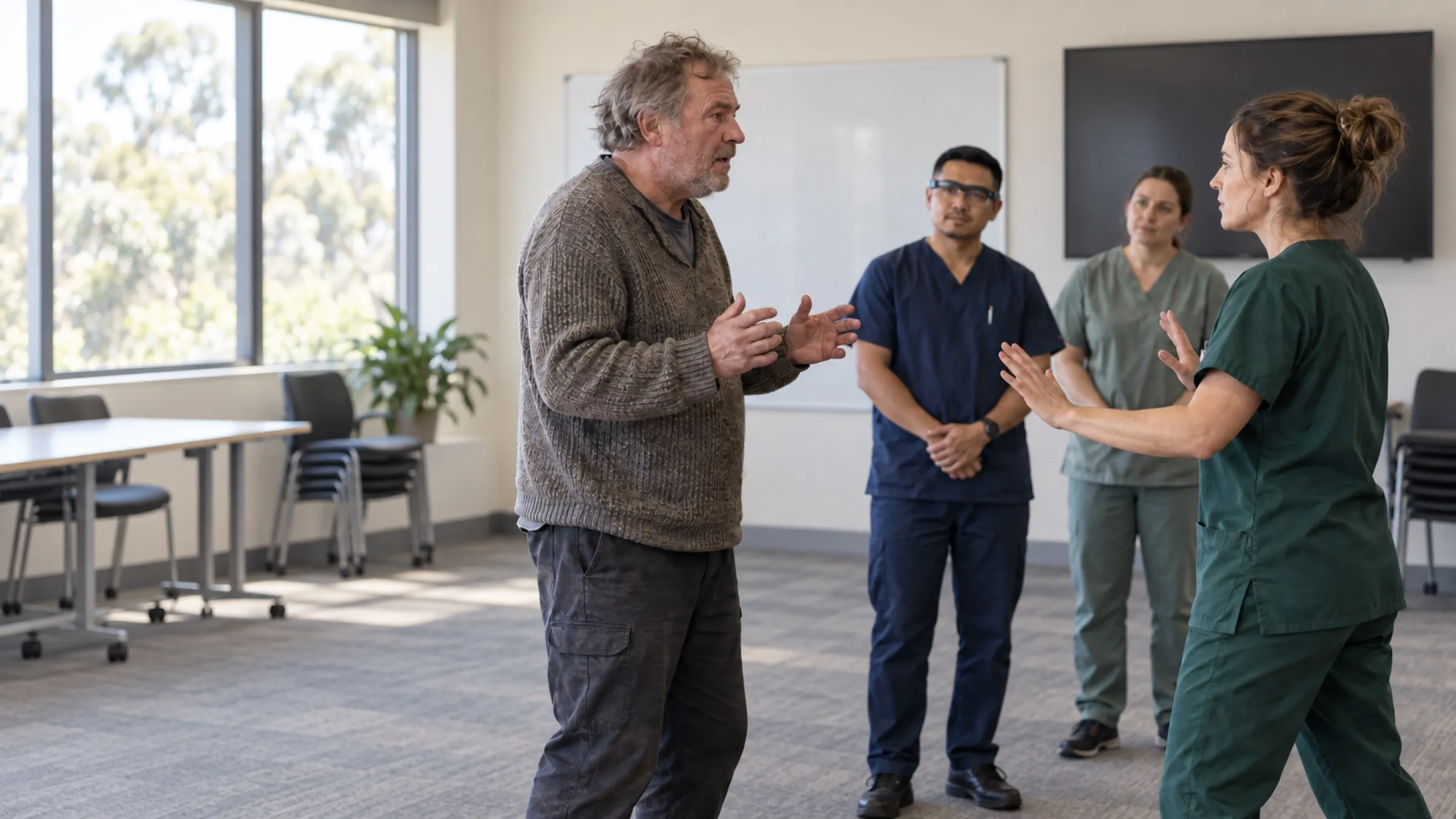A nurse two metres from an agitated patient, side-on with open hands, while colleagues observe a simulation