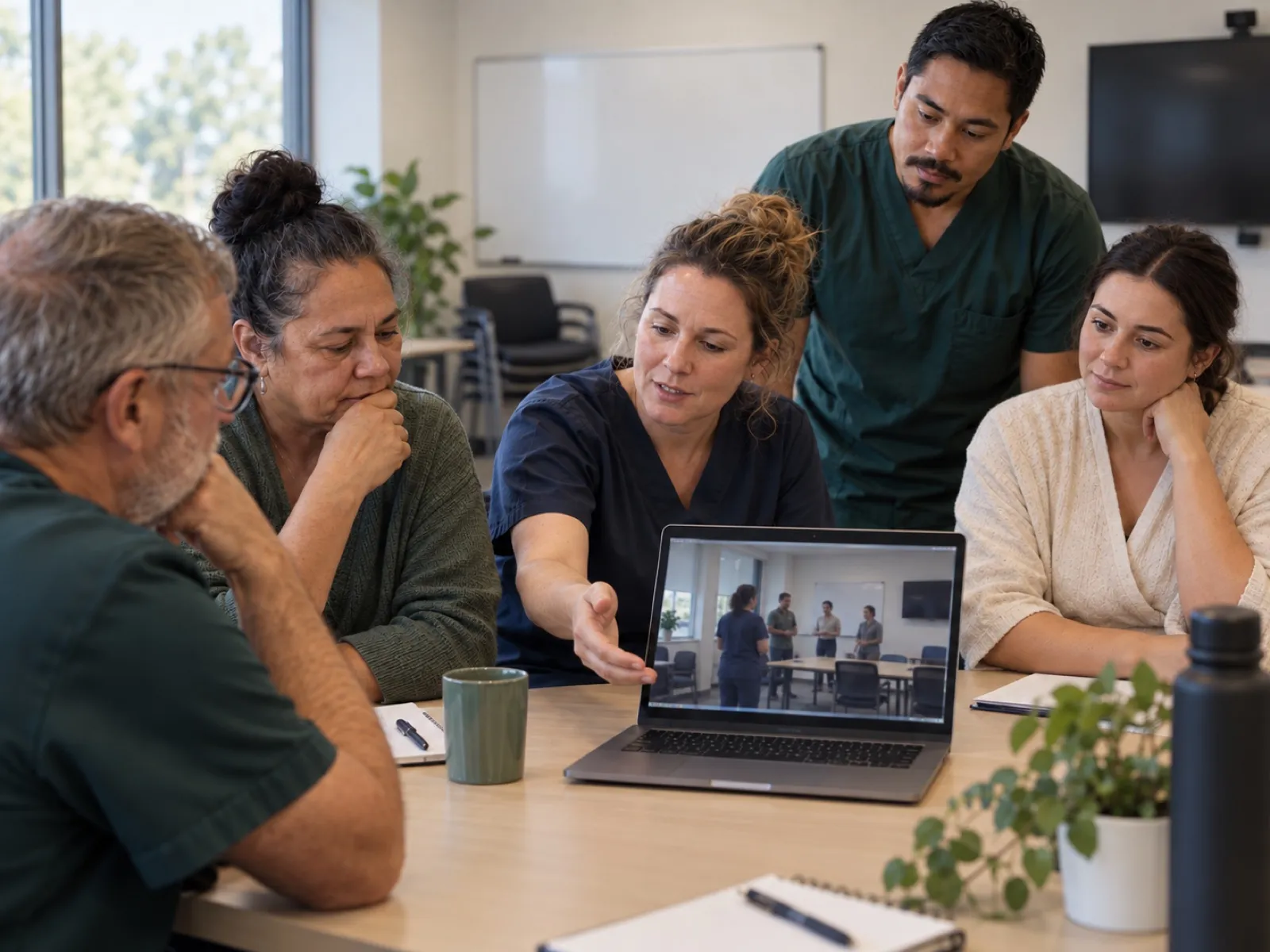 A small group reviewing a smart-glasses recording of the simulation they just ran