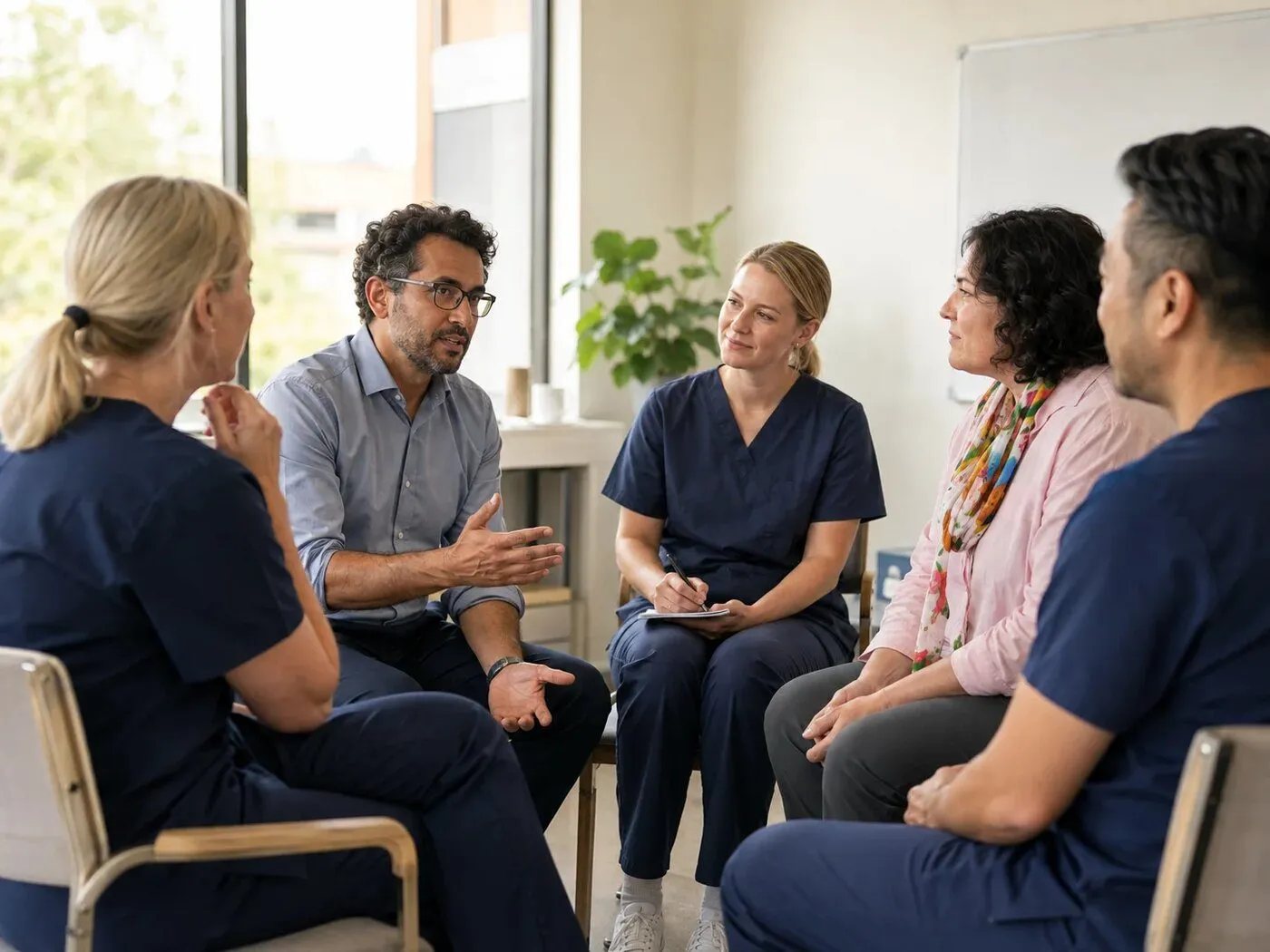 A facilitator in conversation with a semicircle of clinicians in scrubs during a debrief