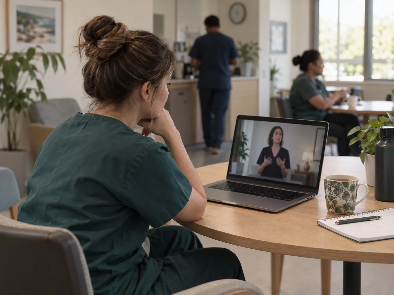 A nurse on a break watching an online module on a laptop