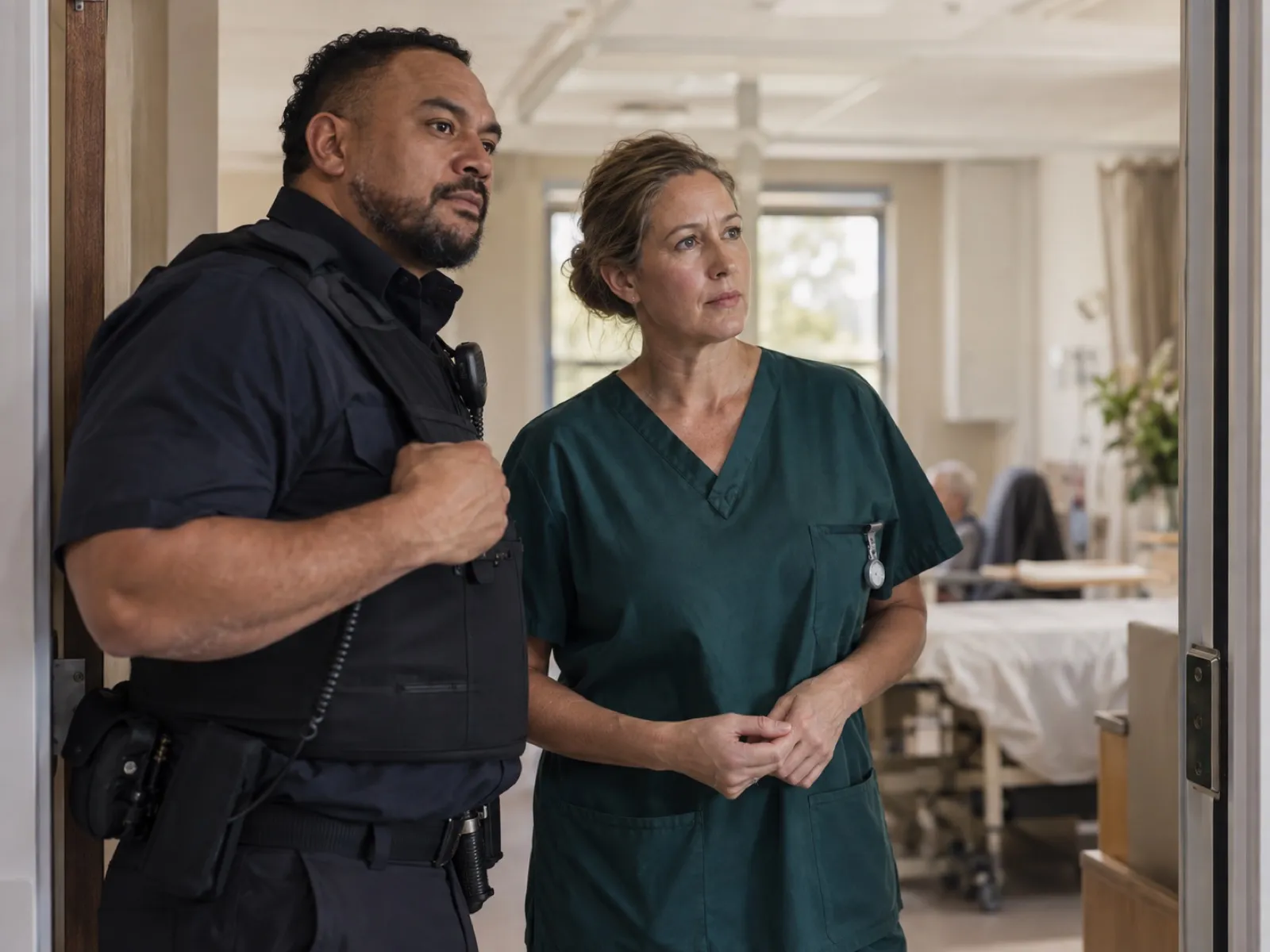A hospital security officer and a nurse standing together at a ward doorway