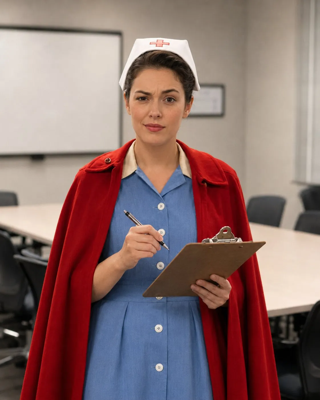 An actor in a 1960s nurse's uniform — white cap, blue dress and red cape — holding a clipboard in a training room